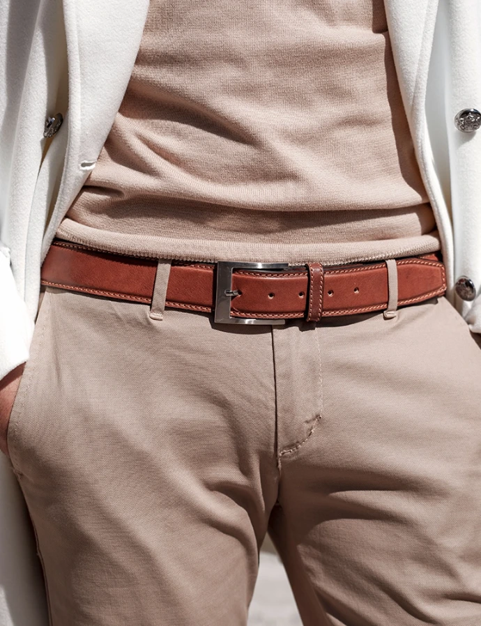 man wearing italian leather belt